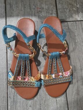 Source Unknown Turquoise Jeweled Floral-Trim Slingback Sandals